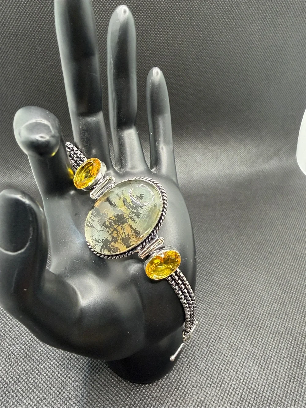 One of a kind Sterling Silver Dendrite Picture Opal and Citrine Bracelet